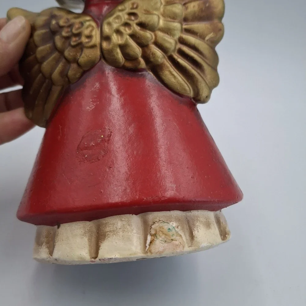 Vtg Christmas Angel Figurine Japan Mid Century‎ Red Gold Big Eye Girl Cardinal